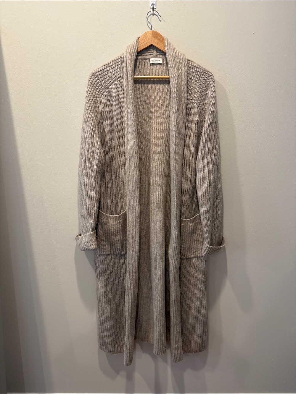 LILYSILK x Lydia Millen Long Open-Front Ribbed Cardigan in Taupe Size XS
